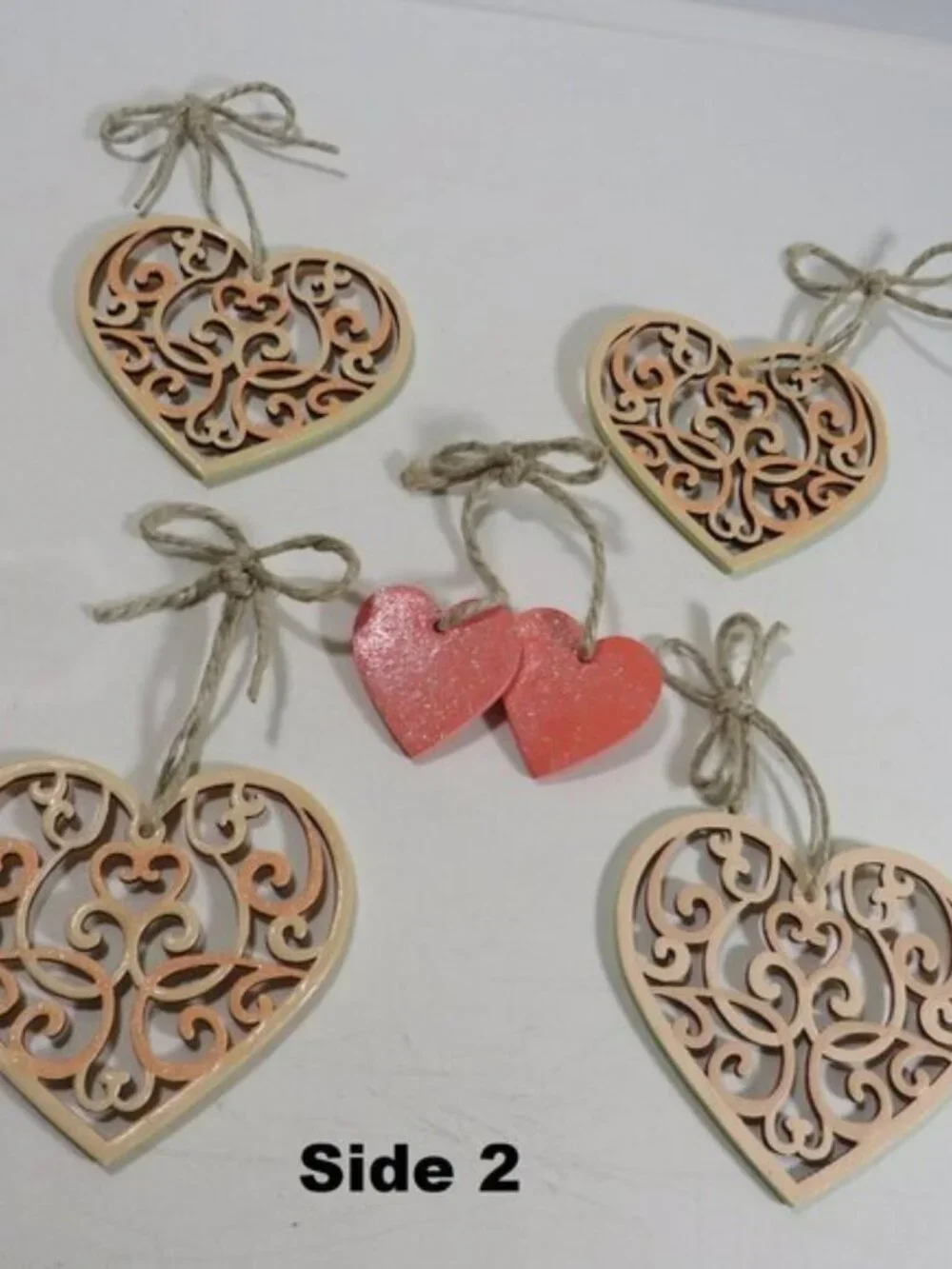 Handcrafted Wood Heart Ornament Set 7pc Laser Cut Fretwork & Key To My Heart